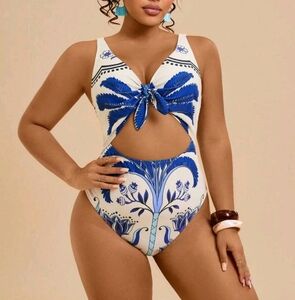 Blue and White One Piece Swimsuit Size XL